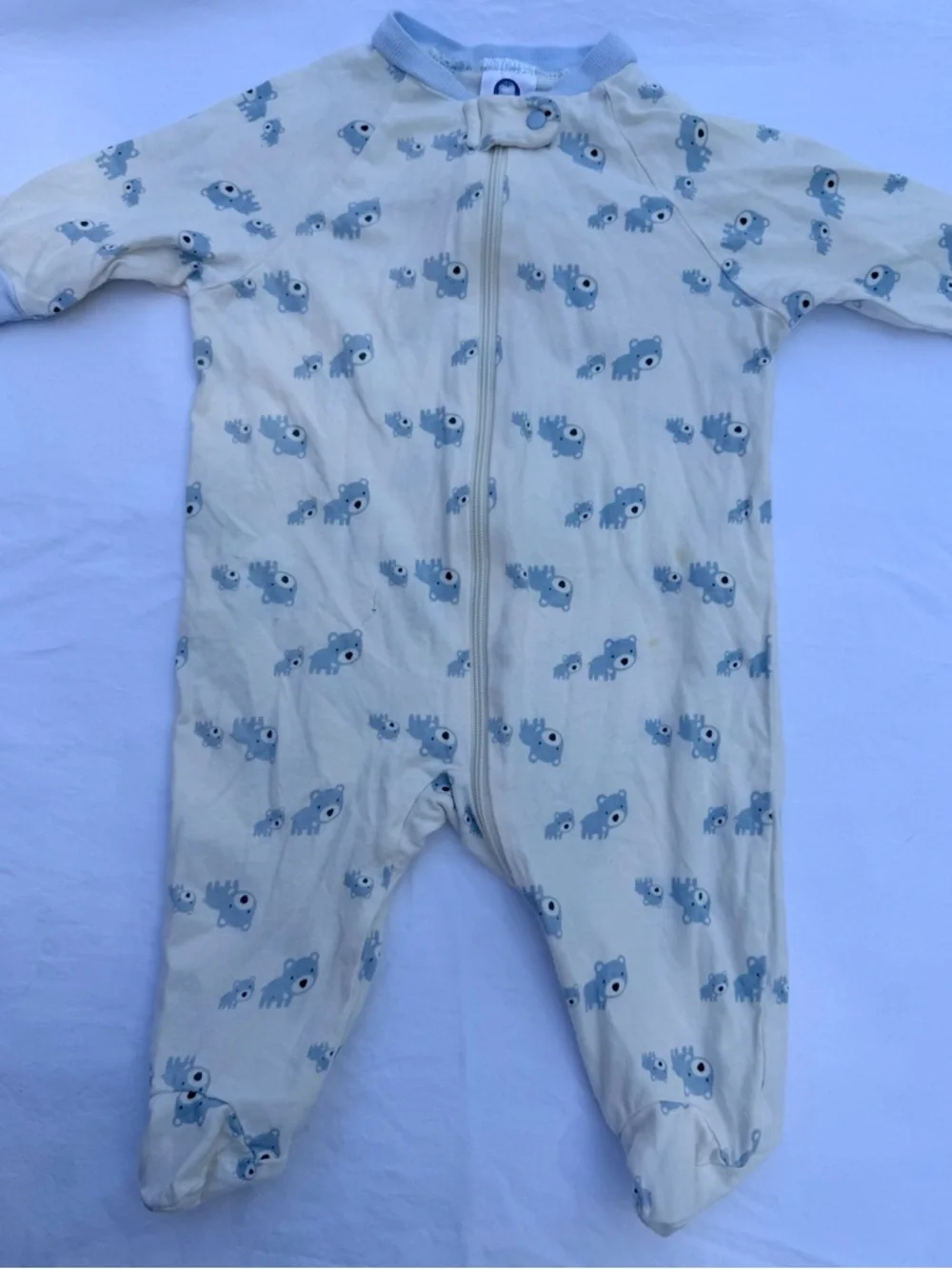 0-3MTH Gerber Cream and Light Blue Footed One-Piece with Animal Print